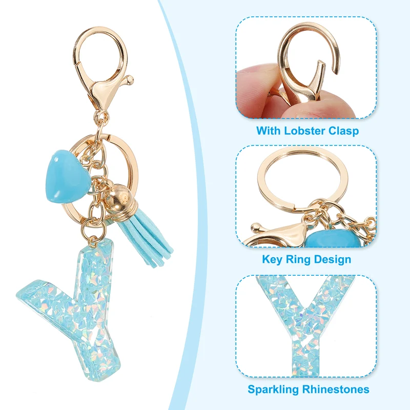 Initial Letter Keychain, Letter Y Heart Design Charm with Tassels, Blue