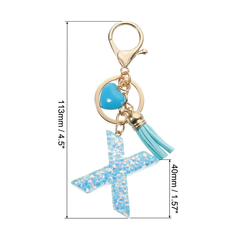 Initial Letter Keychain, Letter x Heart Design Charm with Tassels, Blue