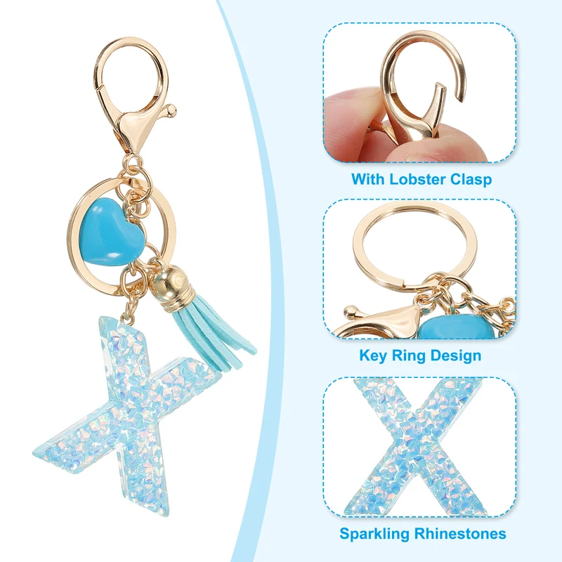 Initial Letter Keychain, Letter x Heart Design Charm with Tassels, Blue