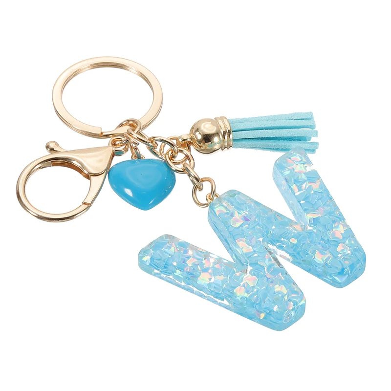 Initial Letter Keychain, Letter W Heart Design Charm with Tassels, Blue