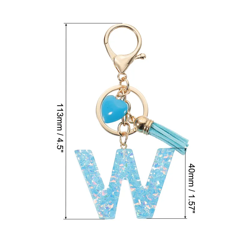 Initial Letter Keychain, Letter W Heart Design Charm with Tassels, Blue
