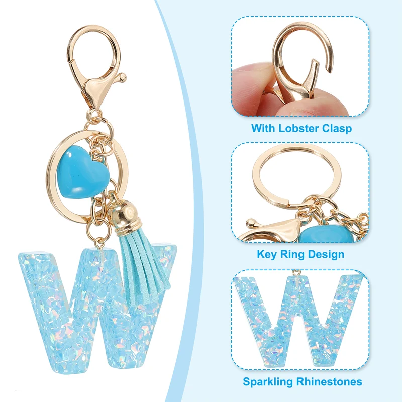 Initial Letter Keychain, Letter W Heart Design Charm with Tassels, Blue