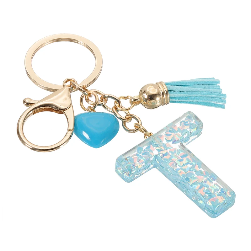 Initial Letter Keychain, Letter t Heart Design Charm with Tassels, Blue