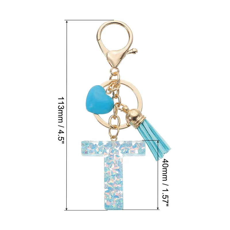 Initial Letter Keychain, Letter t Heart Design Charm with Tassels, Blue