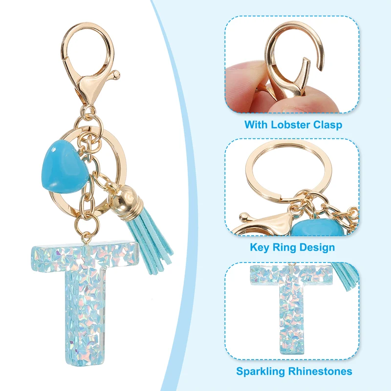 Initial Letter Keychain, Letter t Heart Design Charm with Tassels, Blue