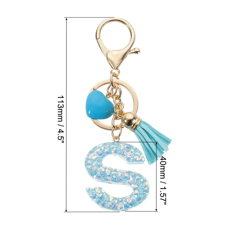 Initial Letter Keychain, Letter S Heart Design Charm with Tassels, Blue