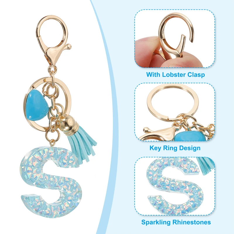 Initial Letter Keychain, Letter S Heart Design Charm with Tassels, Blue