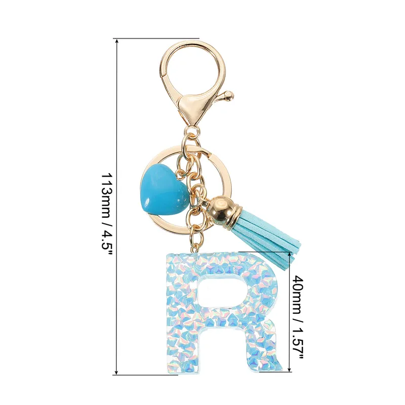 Initial Letter Keychain, Letter R Heart Design Charm with Tassels, Blue