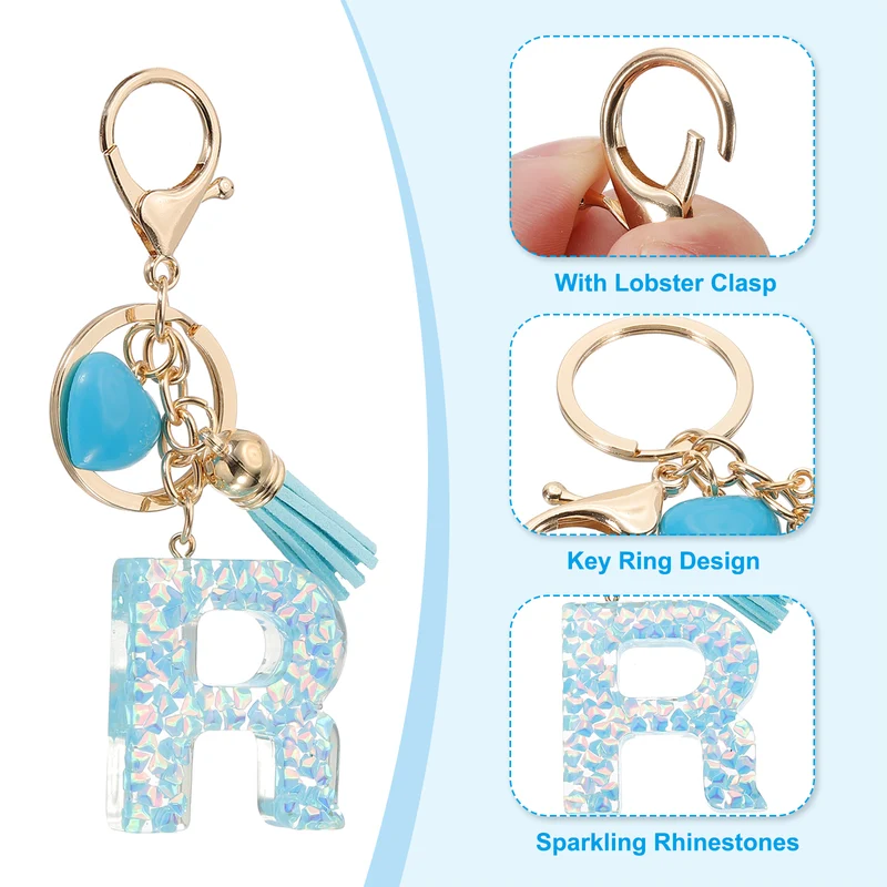 Initial Letter Keychain, Letter R Heart Design Charm with Tassels, Blue