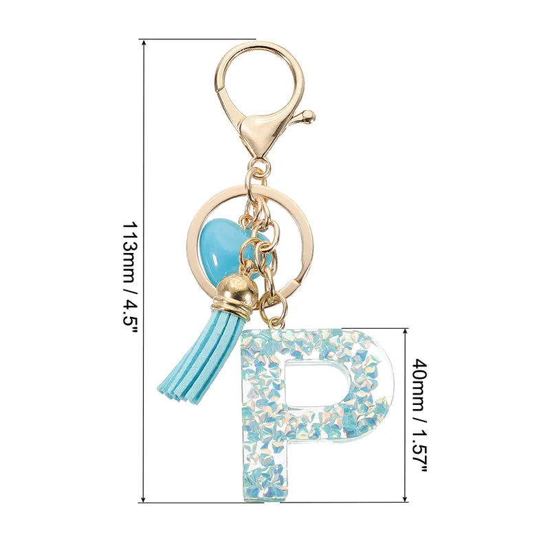 Initial Letter Keychain, Letter P Heart Design Charm with Tassels, Blue