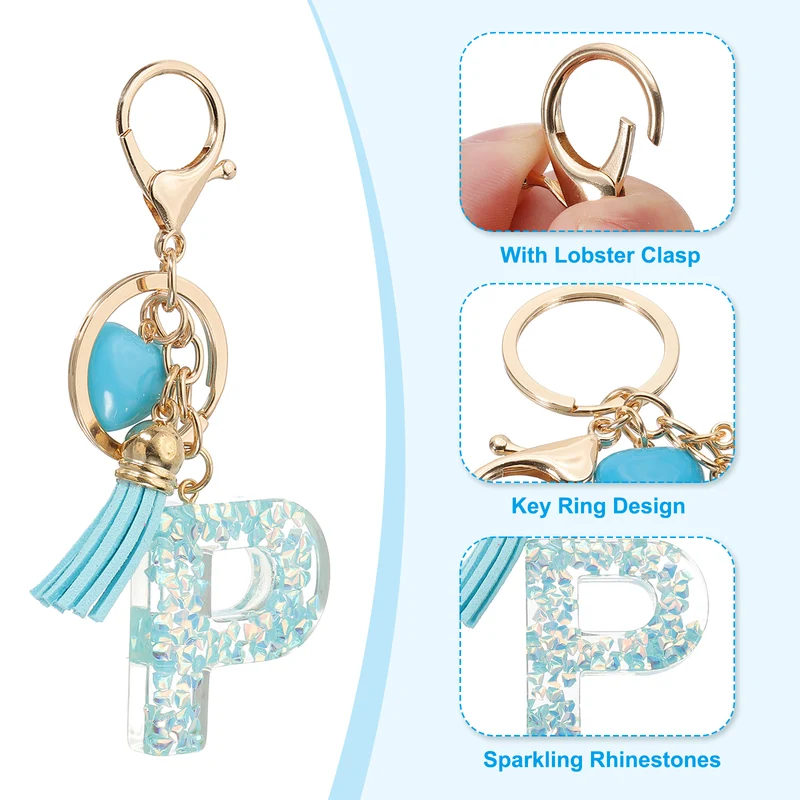 Initial Letter Keychain, Letter P Heart Design Charm with Tassels, Blue