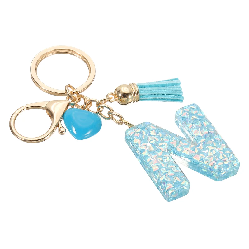 Initial Letter Keychain, Letter N Heart Design Charm with Tassels, Blue