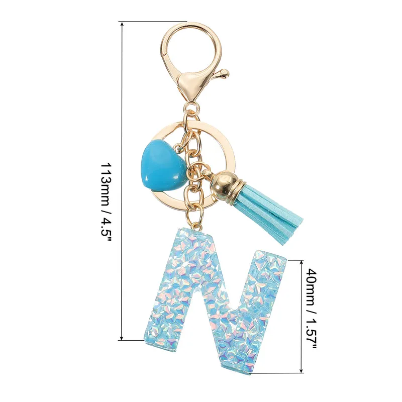 Initial Letter Keychain, Letter N Heart Design Charm with Tassels, Blue
