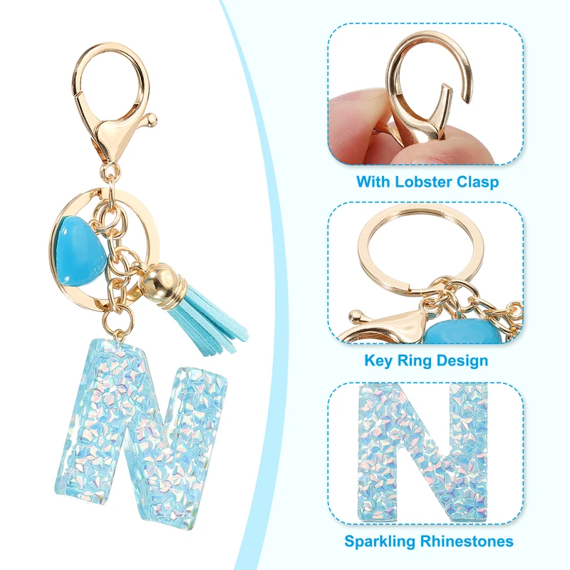 Initial Letter Keychain, Letter N Heart Design Charm with Tassels, Blue