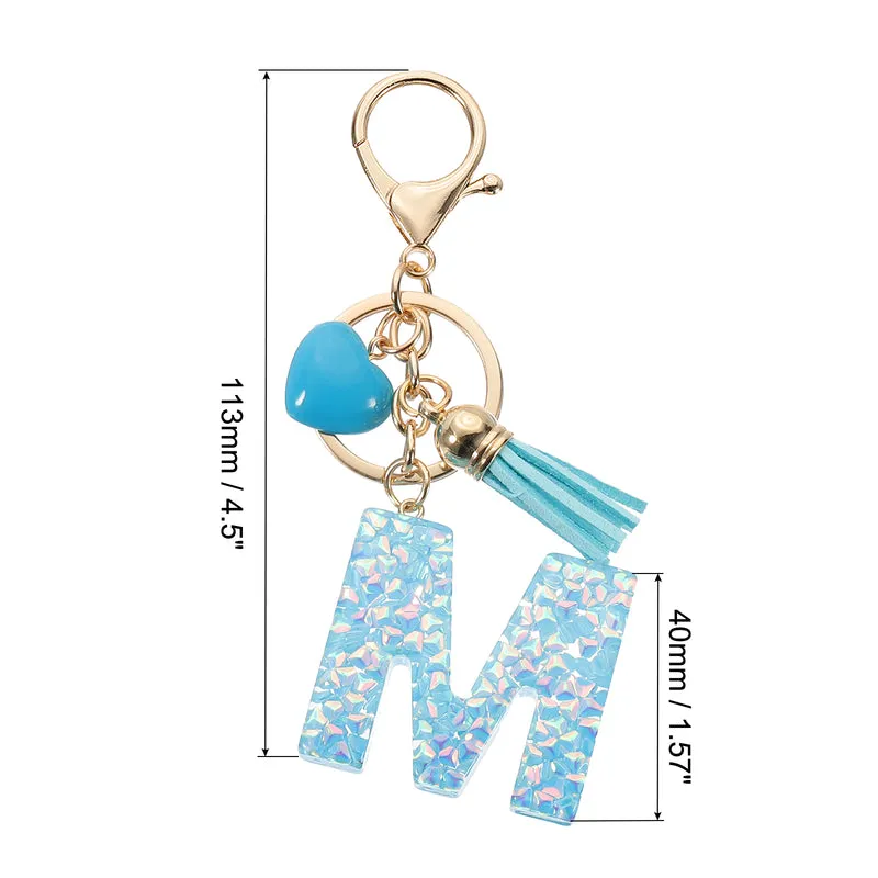 Initial Letter Keychain, Letter m Heart Design Charm with Tassels, Blue