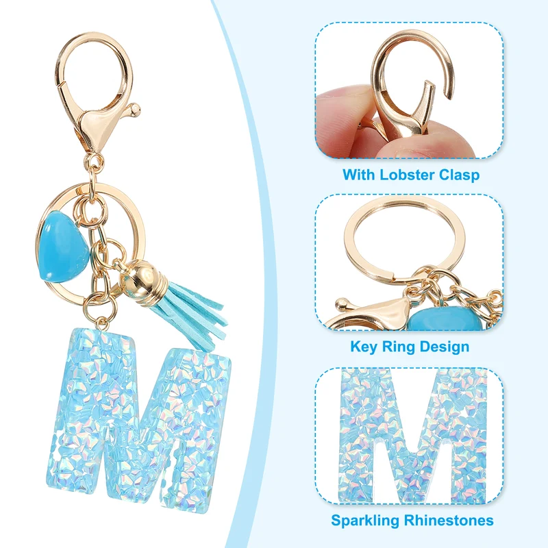 Initial Letter Keychain, Letter m Heart Design Charm with Tassels, Blue