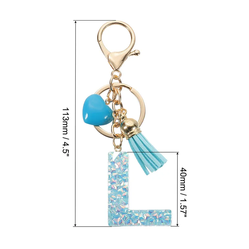 Initial Letter Keychain, Letter l Heart Design Charm with Tassels, Blue
