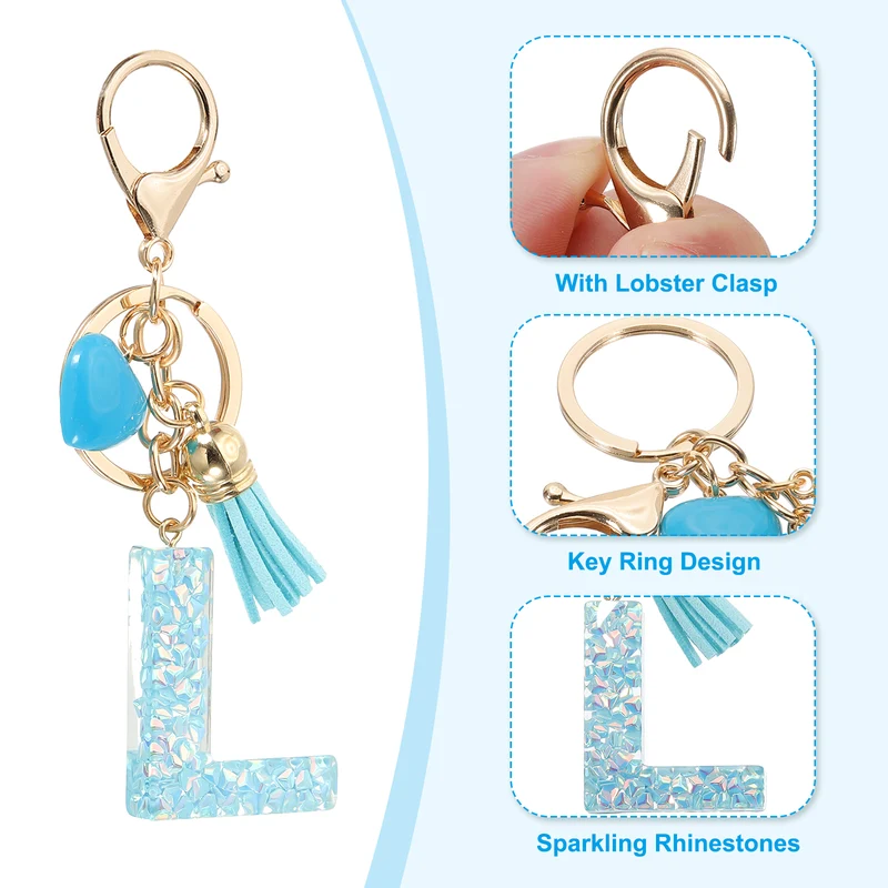 Initial Letter Keychain, Letter l Heart Design Charm with Tassels, Blue