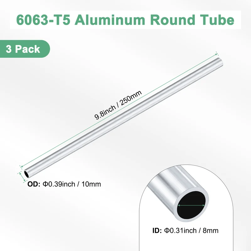 3-Pack 6063 Aluminum Round Tube, 8mmx10mm(IDxOD) 250mm Length Straight Tubing