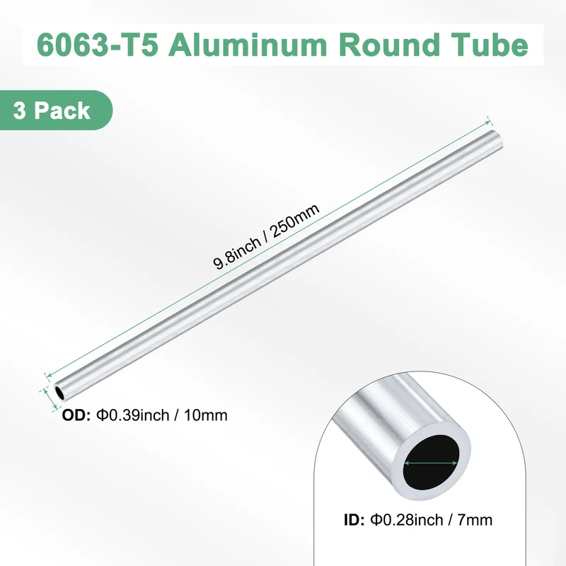 3-Pack 6063 Aluminum Round Tube, 7mmx10mm(IDxOD) 250mm Length Straight Tubing