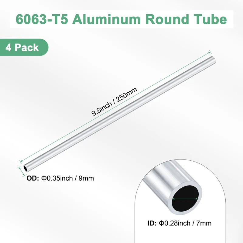 4-Pack 6063 Aluminum Round Tube, 7mmx9mm(IDxOD) 250mm Length Straight Tubing