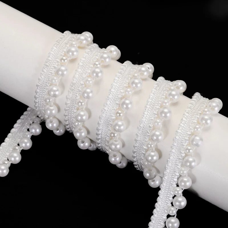 5 Yards Faux Pearls Lace Ribbon Pearl Bead Tassel for Wedding 12mm,White