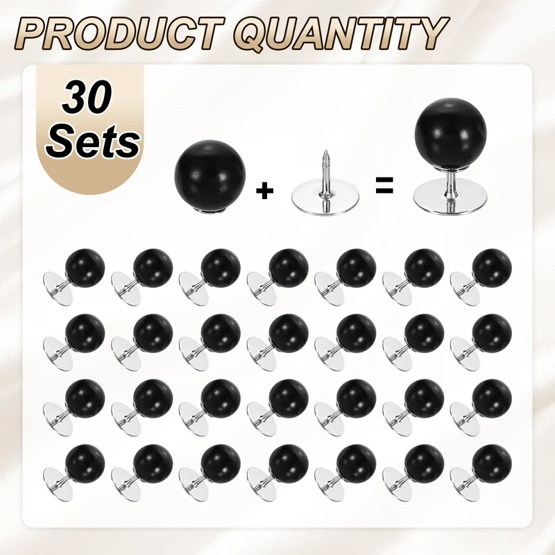 30 Set No Sew Pearl Buttons 0.4" (10mm) Removable Reusable Fixed Pins, Black