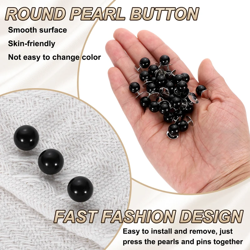 30 Set No Sew Pearl Buttons 0.4" (10mm) Removable Reusable Fixed Pins, Black