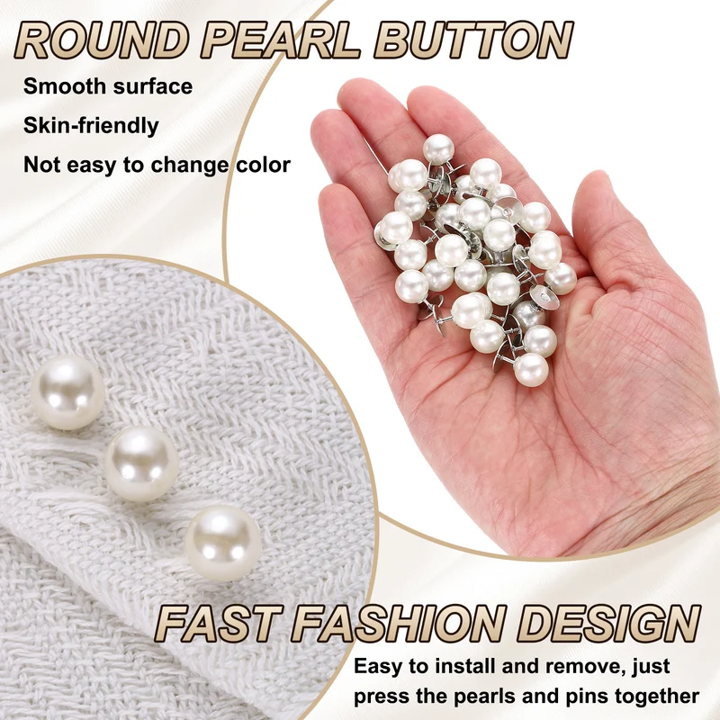 30 Set No Sew Pearl Buttons 0.4" (10mm) Removable Reusable Fixed Pins, White
