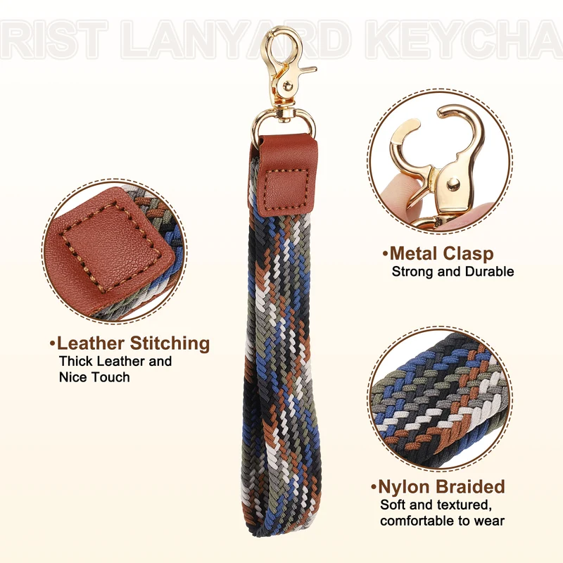 Wrist Lanyard Keychain, Braided Wristlet Strap with Gold Clasp, Mixed Gray
