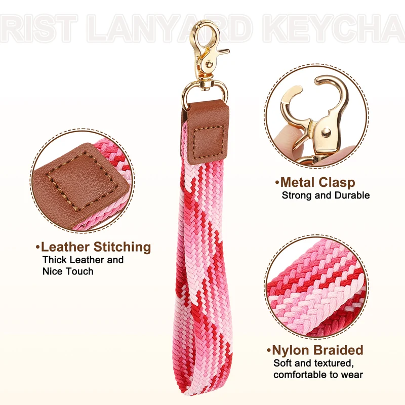 Wrist Lanyard Keychain, Braided Wristlet Strap with Gold Clasp, Strawberry Red