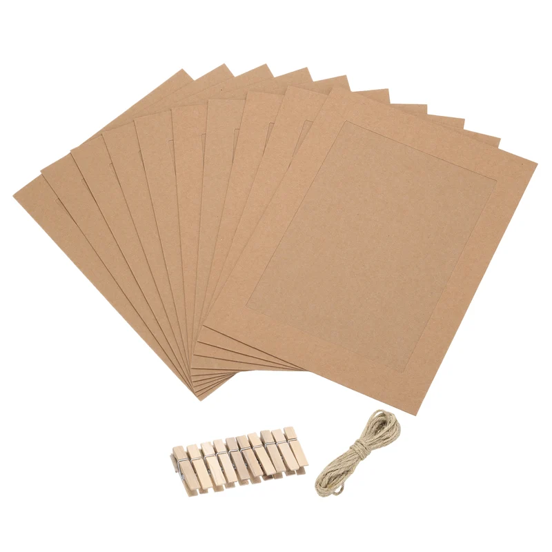 10PCS Paper Photo Frames, 10 x 7 Inch Cardboard Picture Frames with Clips & Strings, DIY Photo Hanging Display for Home Office Decor, Brown