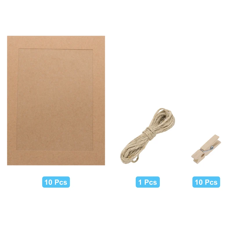10PCS Paper Photo Frames, 10 x 7 Inch Cardboard Picture Frames with Clips & Strings, DIY Photo Hanging Display for Home Office Decor, Brown