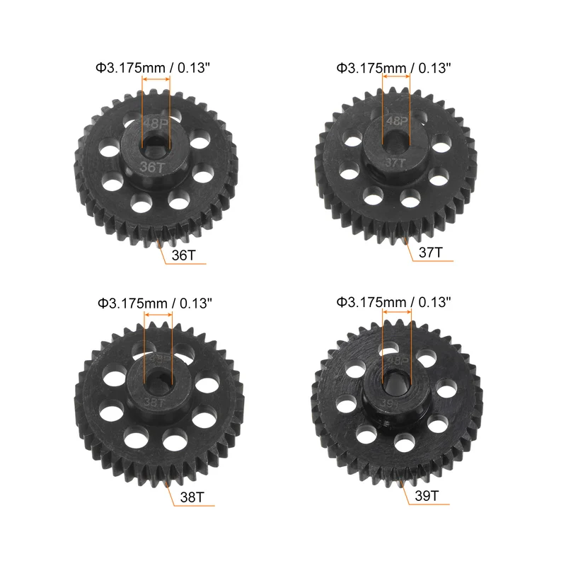 48P Hardened Pinion Motor Gear Set 4pcs 36T 37T 38T 39T Fit 1/8 inch RC Motor Shaft 48 Pitch Gears for RC Car, with Hex Key
