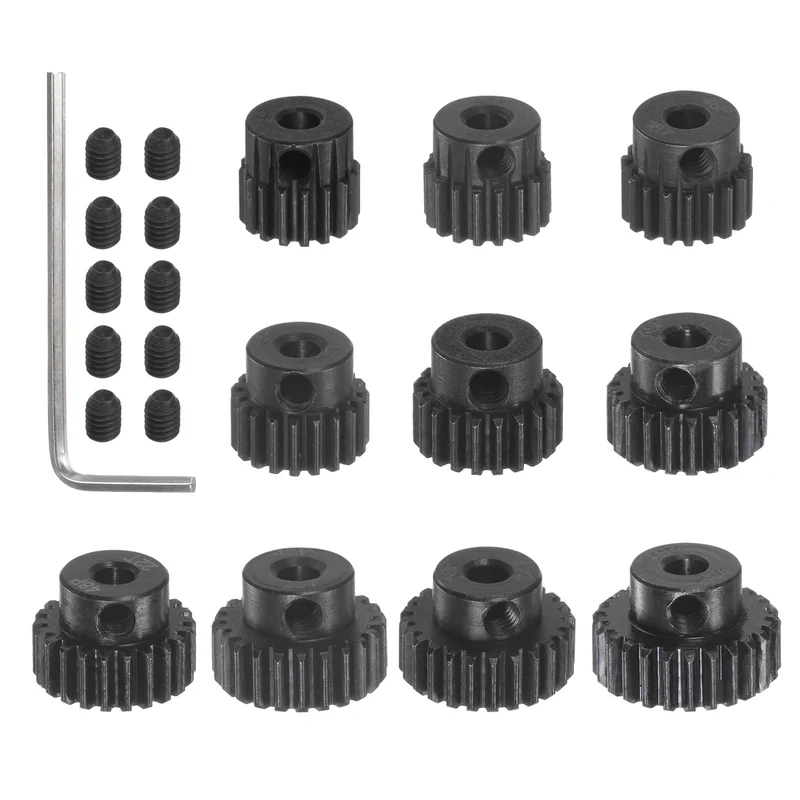 48P Hardened Pinion Motor Gear Set 10pcs 16T 17T 18T 19T 20T 21T 22T 23T 24T 25T Fit 1/8 Inch RC Motor Shaft 48 Pitch Gears for RC Car, with Hex Key