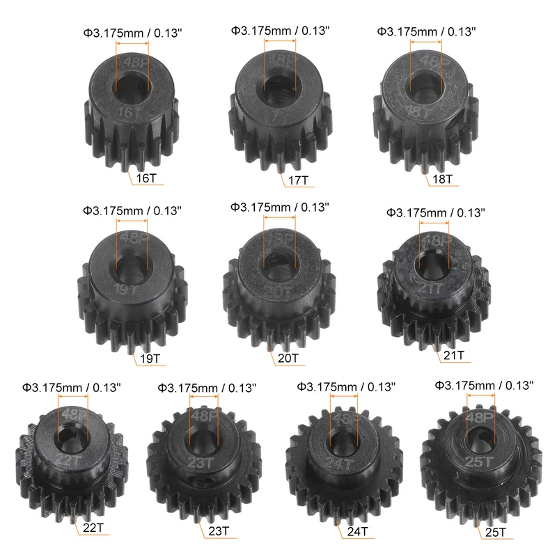 48P Hardened Pinion Motor Gear Set 10pcs 16T 17T 18T 19T 20T 21T 22T 23T 24T 25T Fit 1/8 Inch RC Motor Shaft 48 Pitch Gears for RC Car, with Hex Key