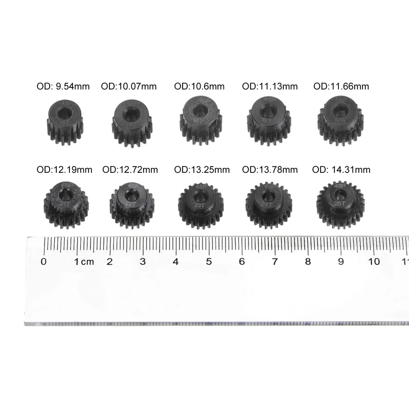48P Hardened Pinion Motor Gear Set 10pcs 16T 17T 18T 19T 20T 21T 22T 23T 24T 25T Fit 1/8 Inch RC Motor Shaft 48 Pitch Gears for RC Car, with Hex Key