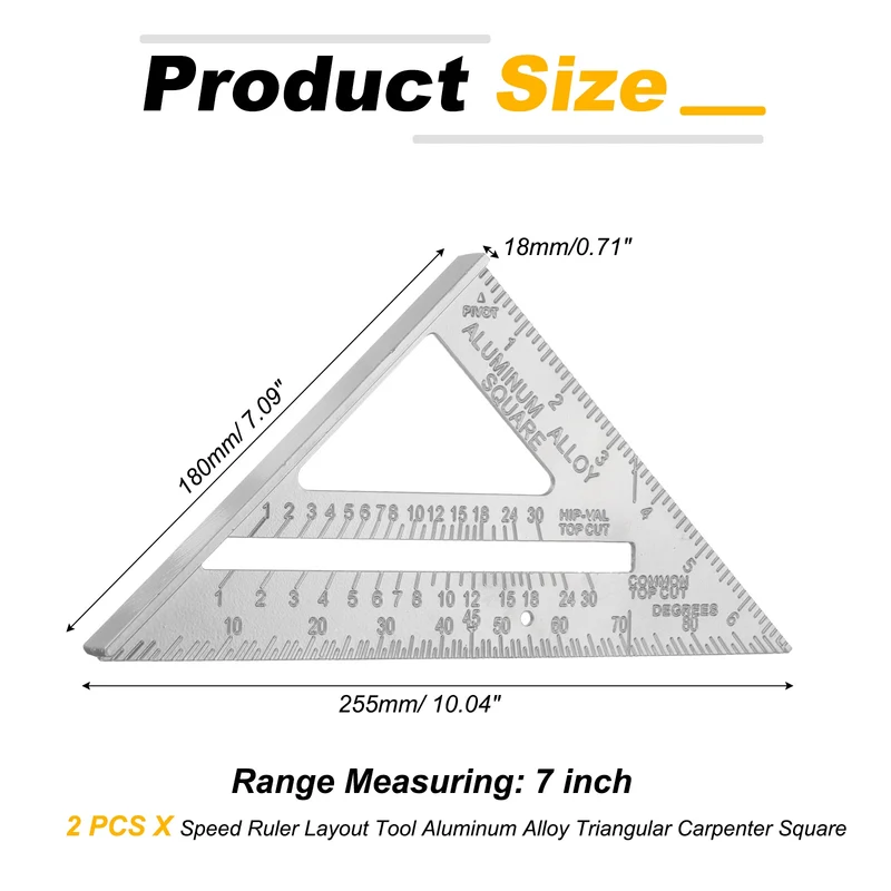 2Pcs 7" Speed Ruler Layout Tool Aluminum Alloy Triangular Carpenter Square