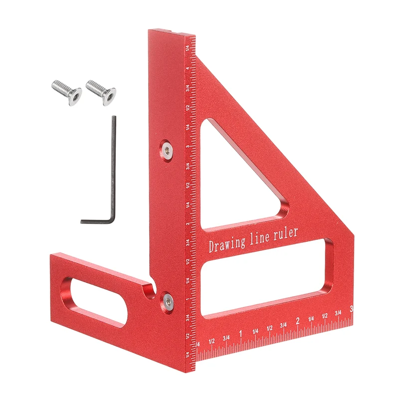 Imperial 3D Measuring Ruler Kit Woodworking Square Protractor with Screw, Red