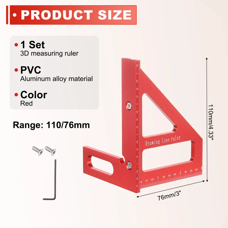Imperial 3D Measuring Ruler Kit Woodworking Square Protractor with Screw, Red