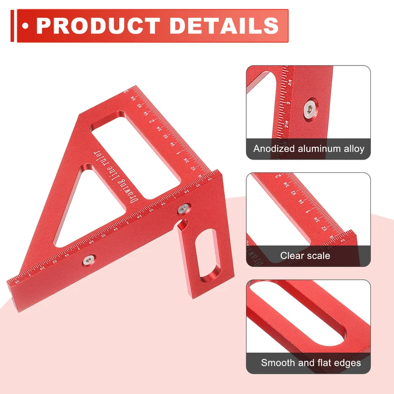Imperial 3D Measuring Ruler Kit Woodworking Square Protractor with Screw, Red