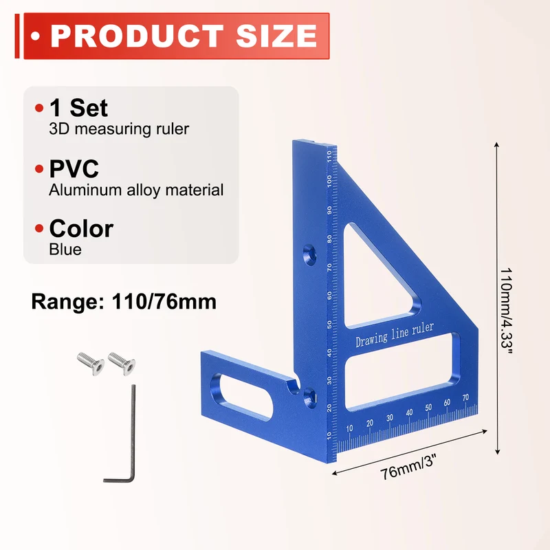 Metric 3D Measuring Ruler Kit Woodworking Square Protractor with Screw, Blue