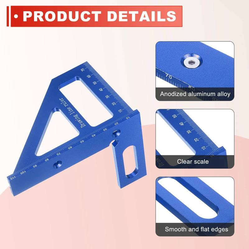 Metric 3D Measuring Ruler Kit Woodworking Square Protractor with Screw, Blue