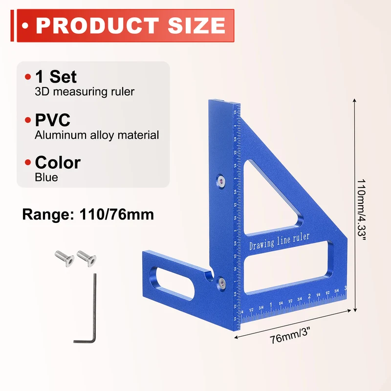 Imperial 3D Measuring Ruler Kit Woodworking Square Protractor with Screw, Blue