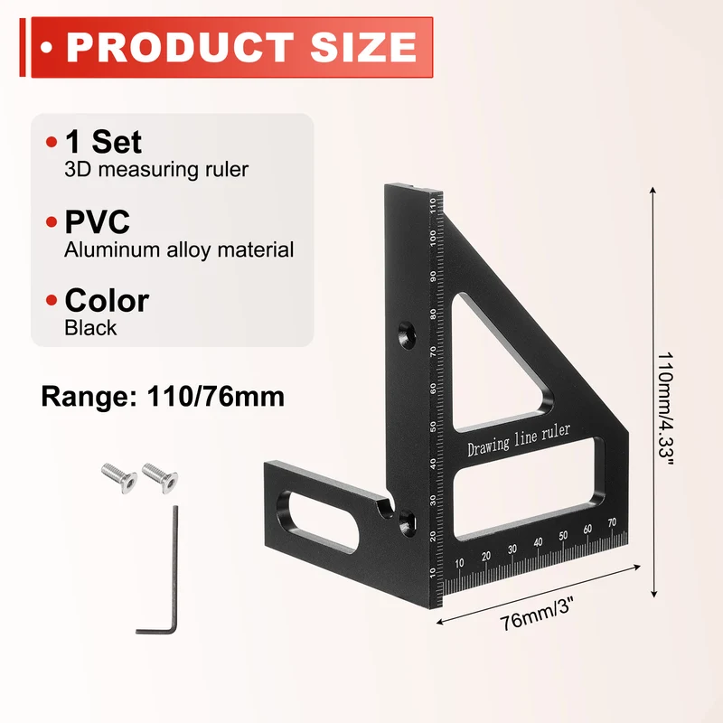 Metric 3D Measuring Ruler Kit Woodworking Square Protractor with Screws, Black