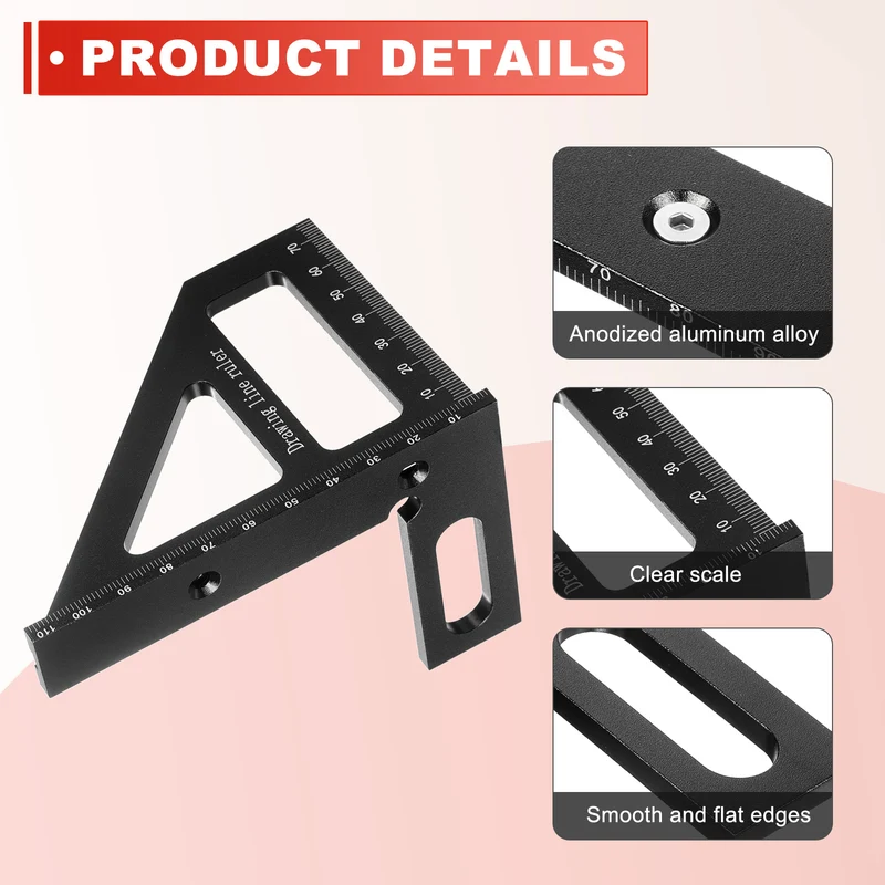 Metric 3D Measuring Ruler Kit Woodworking Square Protractor with Screws, Black