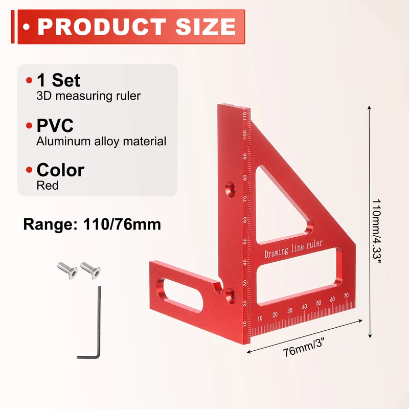Metric 3D Measuring Ruler Kit Woodworking Square Protractor with Screw, Red