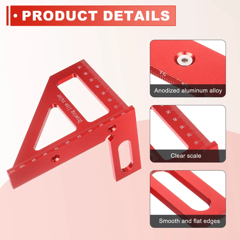 Metric 3D Measuring Ruler Kit Woodworking Square Protractor with Screw, Red