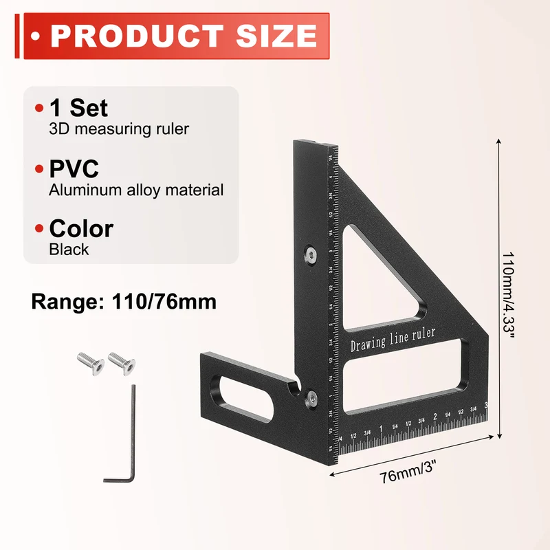 Imperial 3D Measuring Ruler Kit Woodworking Square Protractor with Screw, Black