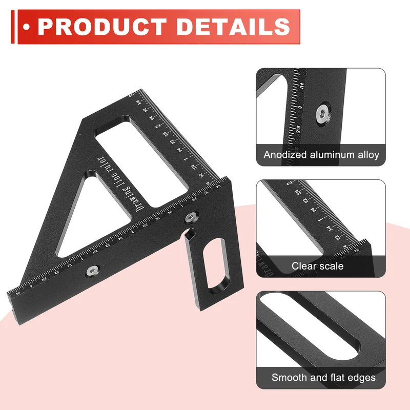 Imperial 3D Measuring Ruler Kit Woodworking Square Protractor with Screw, Black